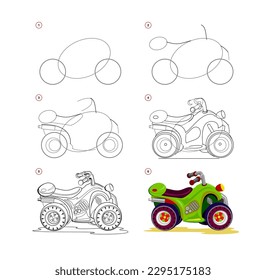 Seite zeigt, wie man Schritt für Schritt zu zeichnen Spielzeug Scooter. Entwicklung von Kinderfähigkeiten zum Zeichnen und Färben. Druckbogen für Kinderschulübungen. Flache Vektorgrafik.