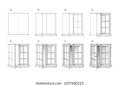 Page shows how to learn to draw sketch of half-open window. Pencil drawing lessons. Educational page for artists. Textbook for developing artistic skills. Online education. Vector illustration.