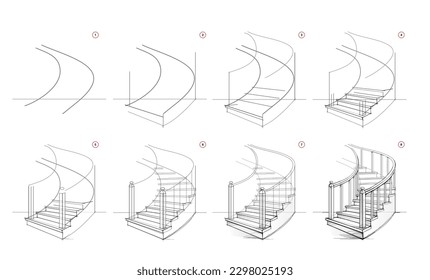 Page shows how to learn to draw sketch of stairs in perspective. Pencil drawing lessons. Educational page for artists. Textbook for developing artistic skills. Online education. Vector illustration.