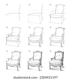 Page shows how to learn to draw sketch an old baroque armchair. Pencil drawing lessons. Educational page for artists. Textbook for developing artistic skills. Online education. Vector illustration.