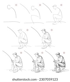 Page shows how to learn to draw sketch an old fisherman. Pencil drawing lessons. Educational page for artists. Textbook for developing artistic skills. Online education. Vector illustration.