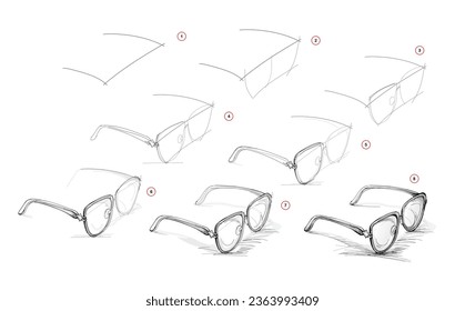 Page shows how to learn to draw from life sketch a glasses. Pencil drawing lessons. Educational page for artists. Textbook for developing artistic skills. Online education. Vector illustration.