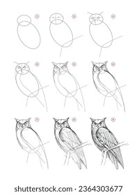 Page shows how to learn to draw from life sketch an owl. Pencil drawing lessons. Educational page for artists. Textbook for developing artistic skills. Online education. Vector illustration.