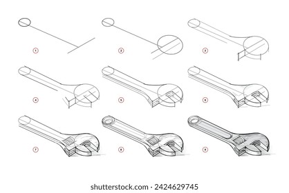 Page shows how to learn to draw from life sketch a wrench. Pencil drawing lessons. Educational page for artists. Developing artistic skills. Online education. Vector illustration.