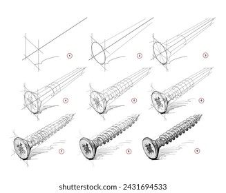 Página muestra cómo aprender a dibujar de la vida boceto un tornillo. Lecciones de dibujo a lápiz. Página educativa para artistas. Desarrollar habilidades artísticas. Educación en línea. Ilustración vectorial.