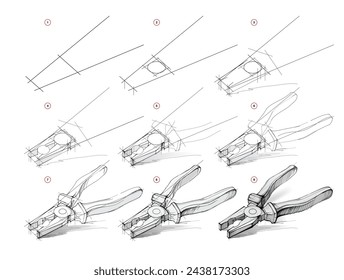 La página muestra cómo aprender a dibujar de la vida bosquejar un alicate. Lecciones de dibujo a lápiz. Página educativa para artistas. Desarrollar habilidades artísticas. Educación en línea. Ilustración vectorial.