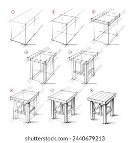 La página muestra cómo aprender a dibujar de la vida bosquejar un taburete de madera en perspectiva. Lecciones de dibujo a lápiz. Página educativa para artistas. Desarrollar habilidades artísticas. Educación en línea. Ilustración vectorial.