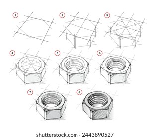 La página muestra cómo aprender a dibujar de la vida boceto una tuerca de metal. Lecciones de dibujo a lápiz. Página educativa para artistas. Desarrollar habilidades artísticas. Educación en línea. Ilustración vectorial.