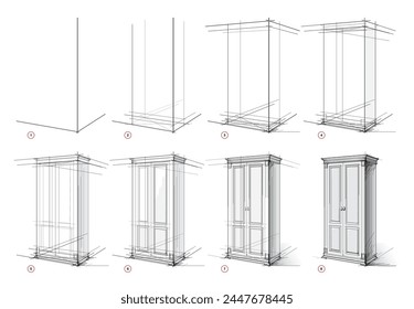 La página muestra cómo aprender a dibujar desde la vida bosquejar un armario de madera en perspectiva. Lecciones de dibujo a lápiz. Página educativa para artistas. Desarrollar habilidades artísticas. Educación en línea. Dibujo de Vector.