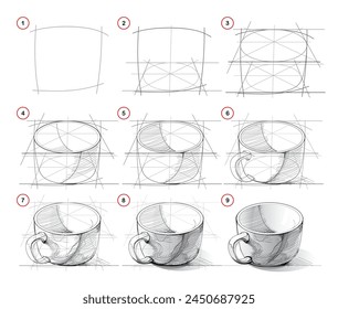 La página muestra cómo aprender a dibujar a partir del boceto de la vida de una taza de té. Lecciones de dibujo a lápiz. Página educativa para artistas. Desarrollo de habilidades artísticas. Educación en línea. Ilustración vectorial dibujada a mano