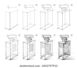 Page shows how to learn to draw from life sketch of a perfume bottle. Pencil drawing lessons. Educational page for artists. Development of artistic abilities. Online education. Hand drawn vector image