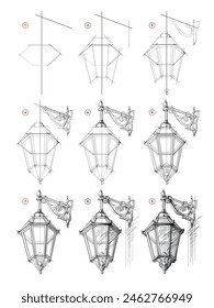 Page shows how to learn to draw from life sketch of a antique street lamp. Pencil drawing lessons. Educational page for artists. Development of artistic skills. Online education. Hand drawn vector.