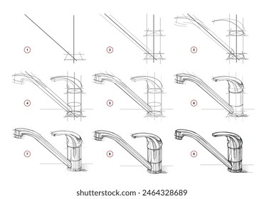 La página muestra cómo aprender a dibujar a partir del boceto de la vida de un grifo de lavabo de metal brillante. Lecciones de dibujo a lápiz. Tutorial educativo para artistas. Desarrollo de habilidades artísticas. Vector dibujado a mano.