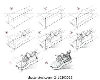 La página muestra cómo aprender a dibujar a partir del boceto de la vida de una zapatilla de correr en perspectiva. Lecciones de dibujo a lápiz. Tutorial educativo para artistas. Desarrollo de habilidades artísticas. Vector dibujado a mano.