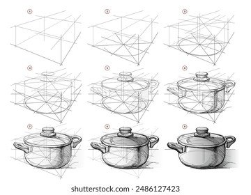 La página muestra cómo aprender a dibujar el boceto de un molde de cocina de metal en perspectiva de la vida. Lecciones de dibujo a lápiz. Tutorial educativo para artistas. Desarrollo de habilidades artísticas. Vector dibujado a mano.