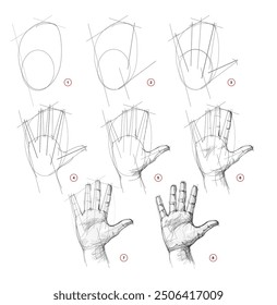 Esta página muestra cómo aprender a dibujar un boceto de una mano humana de la vida. Lápiz de dibujo. Tutorial educativo para artistas. Desarrollo de habilidades artísticas. Vector dibujado a mano.