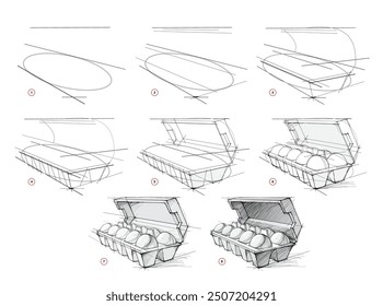 Esta página muestra cómo aprender a dibujar de la vida un boceto de una caja de huevos en perspectiva. Lápiz de dibujo. Tutorial educativo para artistas. Desarrollo de habilidades artísticas. Vector dibujado a mano.