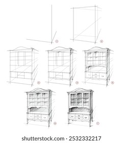 Esta página muestra cómo aprender a dibujar desde la vida un boceto de un viejo armario en perspectiva. Lápiz de dibujo. Tutorial educativo para artistas. Desarrollo de habilidades artísticas. Vector dibujado a mano.