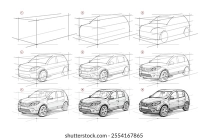 Page shows how to learn to draw from life a sketch of a simple car in perspective. Pencil drawing lessons. Educational tutorial for artists. Development of artistic skills. Hand drawn vector.