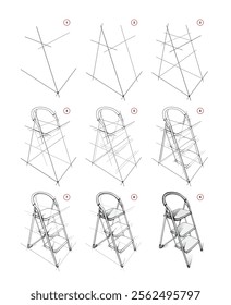 Page shows how to learn to draw from life a sketch of a stepladder in perspective. Pencil drawing lessons. Educational tutorial for artists. Development of artistic skills. Hand drawn vector.