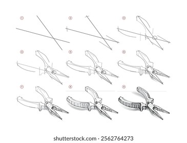 Page shows how to learn to draw from life a sketch of a pliers. Pencil drawing lessons. Educational tutorial for artists. Development of artistic skills. Hand drawn vector.