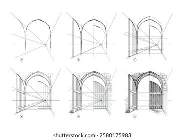 Page shows how to learn to draw a sketch of an old wooden gate in perspective from life. Pencil drawing lessons. Educational tutorial for artists. Development of artistic skills. Hand drawn vector.