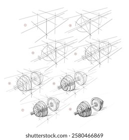 Page shows how to learn to draw from life a sketch of a dumbbell in perspective. Pencil drawing lessons. Educational tutorial for artists. Development of artistic skills. Hand drawn vector.