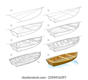 Page shows how to learn to draw step by step an old wooden boat. Developing children skills for drawing and coloring. Printable worksheet for kids school exercise book. Flat vector illustration.