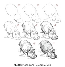 A página mostra como aprender a desenhar do esboço da vida de um hipopótamo bonito indo beber. Aulas de desenho a lápis. Página educacional para artistas. Livro didático para o desenvolvimento de habilidades artísticas. Vetor desenhado à mão