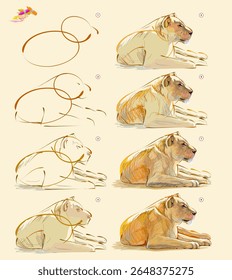 Esta página muestra cómo aprender a dibujar un boceto de una leona de la vida. Creación paso a paso pintando con tiza pastel. Página educativa para artistas. Ilustración vectorial dibujada a mano.