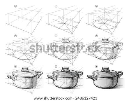 Page shows how to learn to draw sketch of a metal kitchen pan in perspective from life. Pencil drawing lessons. Educational tutorial for artists. Development of artistic skills. Hand drawn vector.