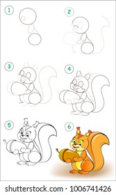 Page shows how to learn step by step to draw a little squirrel. Developing children skills for drawing and coloring. Vector image.