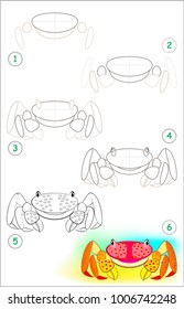 Page shows how to learn step by step to draw a little crab. Developing children skills for drawing and coloring. Vector image.