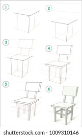 Page shows how to learn step by step to draw a chair. Developing children skills for drawing and coloring. Vector image.