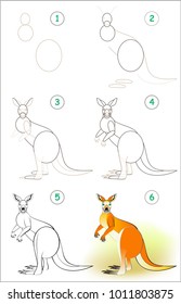 Page shows how to learn step by step to draw a cute kangaroo. Developing children skills for drawing and coloring. Vector image.