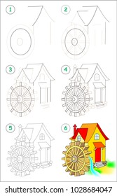 Page shows how to learn step by step to draw a water mill. Developing children skills for drawing and coloring. Vector image.