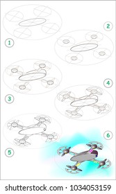 Page shows how to learn step by step to draw a drone. Developing children skills for drawing and coloring. Vector image.