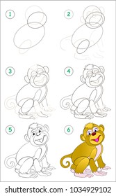 Page shows how to learn step by step to draw a cute monkey. Developing children skills for drawing and coloring. Vector image.