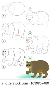 Page shows how to learn step by step to draw a cute bear. Developing children skills for drawing and coloring. Vector image.
