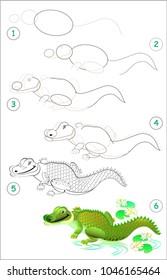 Page shows how to learn step by step to draw a cute crocodile. Developing children skills for drawing and coloring. Vector image.