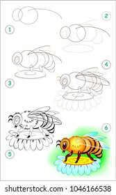 Page shows how to learn step by step to draw a bee. Developing children skills for drawing and coloring. Vector image.