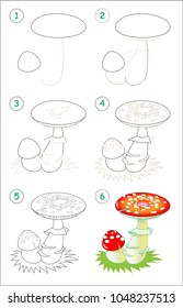 Page shows how to learn step by step to draw a fly amanita. Developing children skills for drawing and coloring. Vector image.