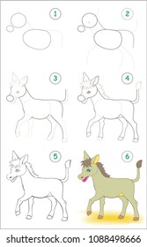 Page shows how to learn step by step to draw a cute donkey. Developing children skills for drawing and coloring. Vector image.
