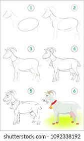 Page shows how to learn step by step to draw a cute goat. Developing children skills for drawing and coloring. Vector image.