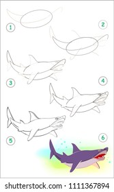 Page shows how to learn step by step to draw a cute shark. Developing children skills for drawing and coloring. Vector image.