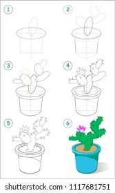Page shows how to learn step by step to draw flowering cactus in a flowerpot. Developing children skills for drawing and coloring. Vector image.