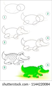 Page shows how to learn step by step to draw a cute crocodile. Developing children skills for drawing and coloring. Vector image.
