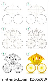 Page shows how to learn step by step to draw a ancient golden royal carriage. Developing children skills for drawing and coloring. Vector image.