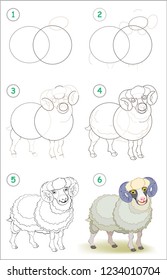 Page shows how to learn step by step to draw a cute domestic male sheep. Developing children skills for drawing and coloring. Vector image.