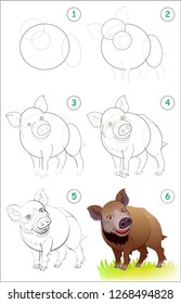 Page shows how to learn step by step to draw a cute wild boar. Back to school. Developing children skills for drawing and coloring. Vector cartoon image.
